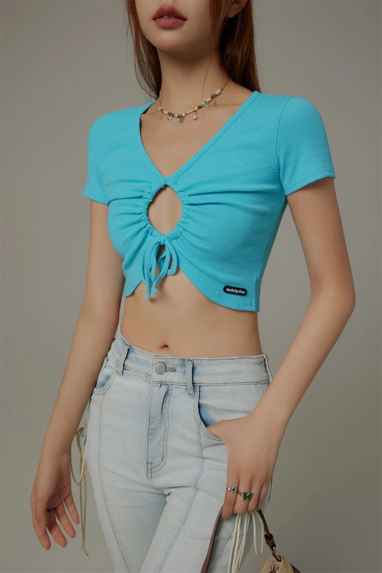 Front Keyhole String V-Neck Cropped Top