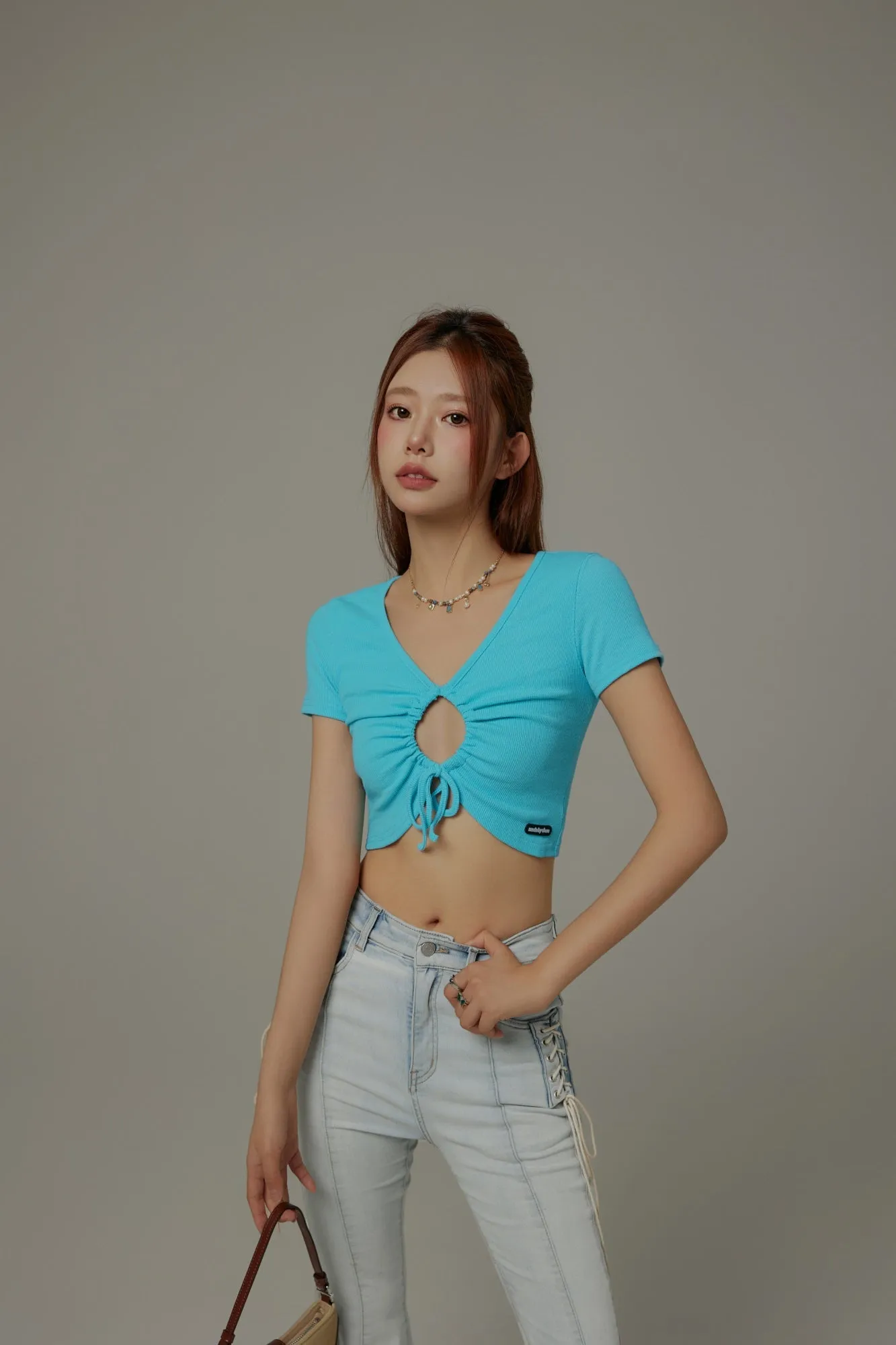 Front Keyhole String V-Neck Cropped Top