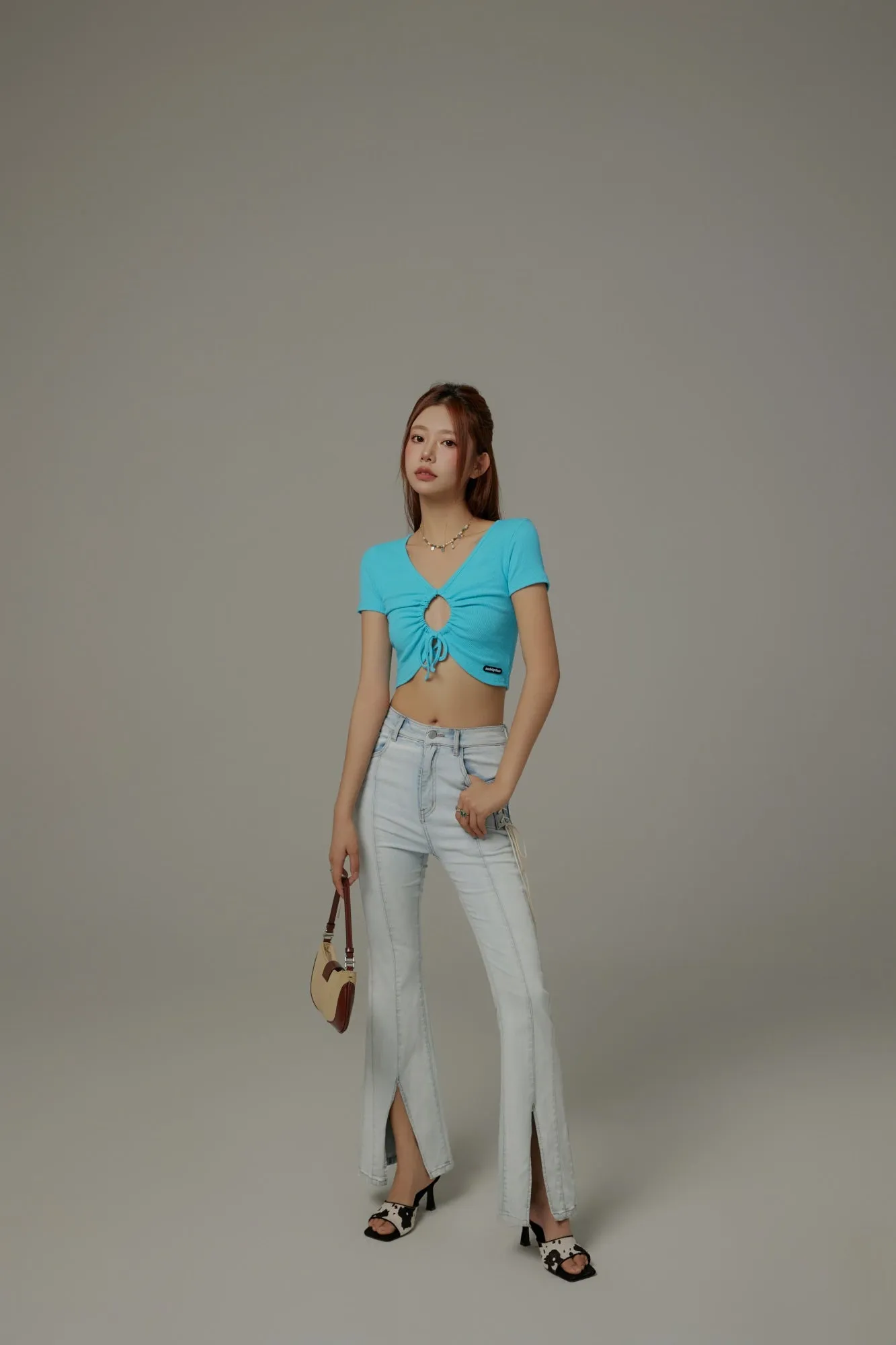 Front Keyhole String V-Neck Cropped Top