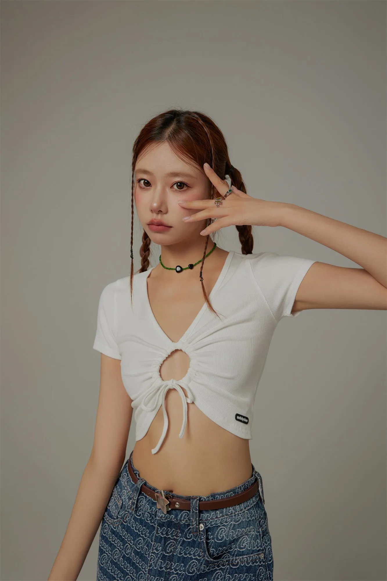 Front Keyhole String V-Neck Cropped Top