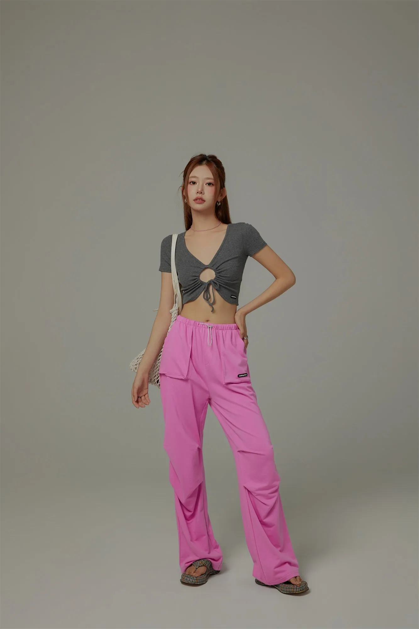 Front Keyhole String V-Neck Cropped Top