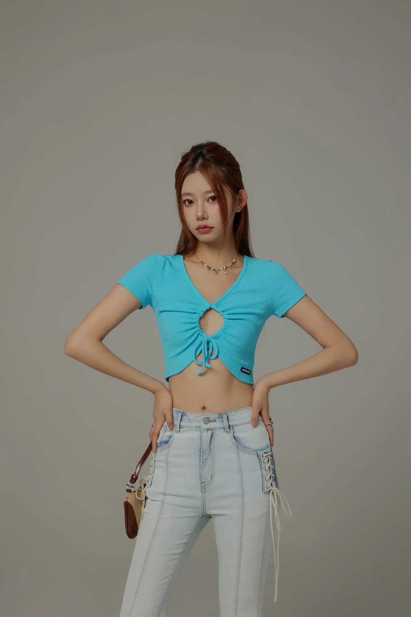 Front Keyhole String V-Neck Cropped Top