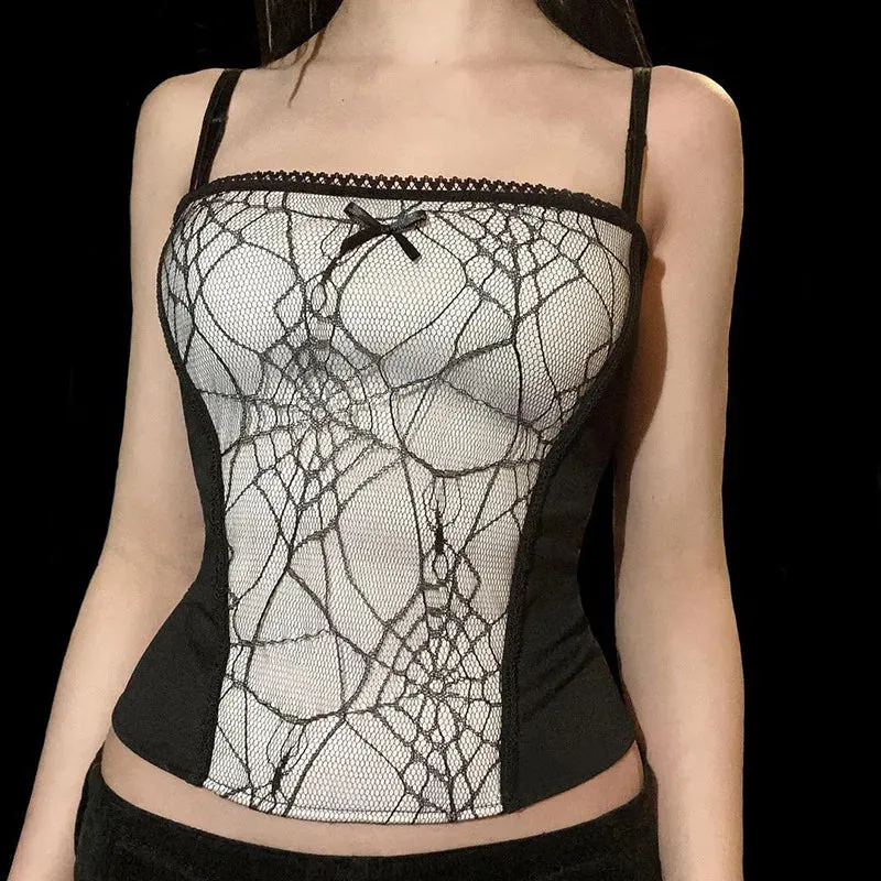 Gothic Pattern Web Crop Zipper Backless Spider Sleeveless Top