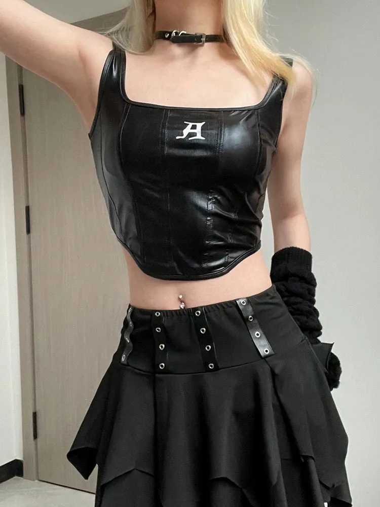 Gothic PU Top Tank Streetwear Black Crop Casual Top