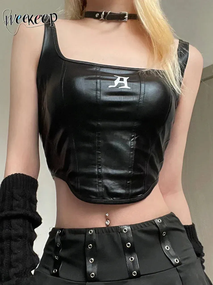 Gothic PU Top Tank Streetwear Black Crop Casual Top