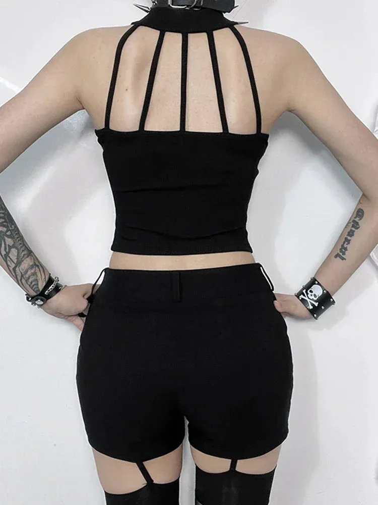 Gothic Punk Summer Knit Black Crop Bodycon Sleeveless Harajuku Sexy Darkness Halter Top