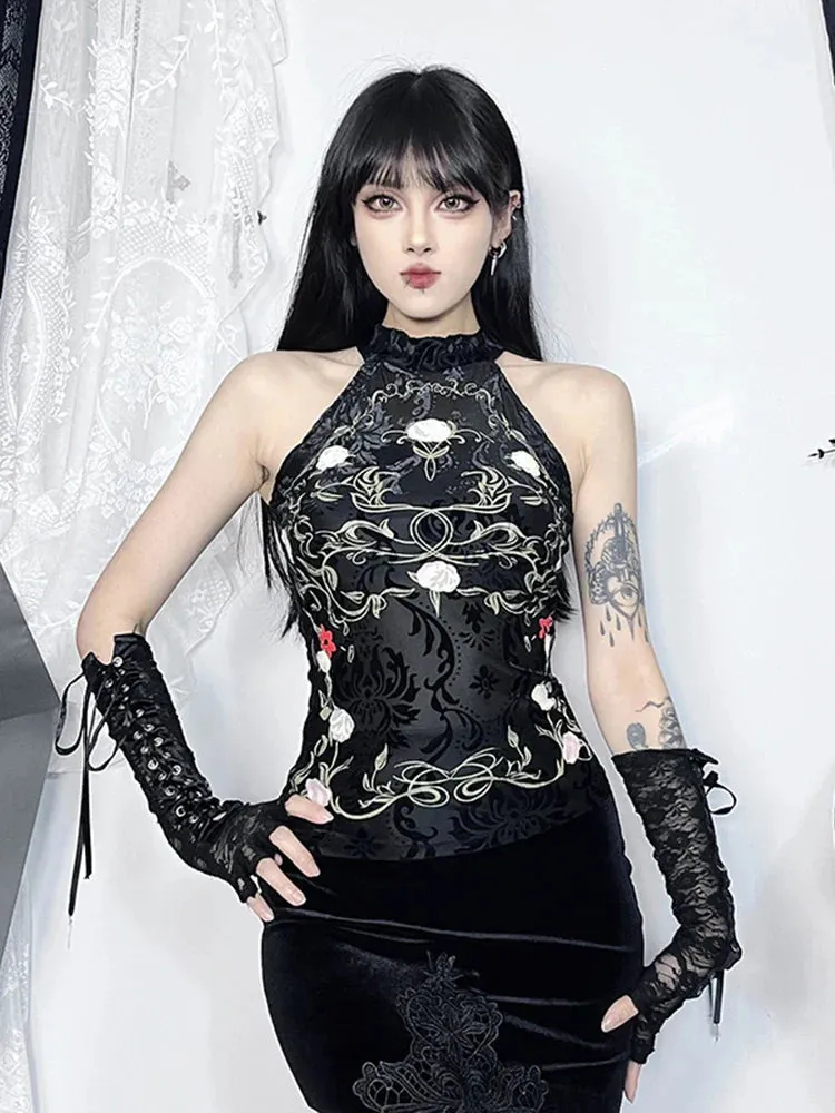 Gothic Vintage Chinese Style Printed Flocking Lace Halter Crop Top