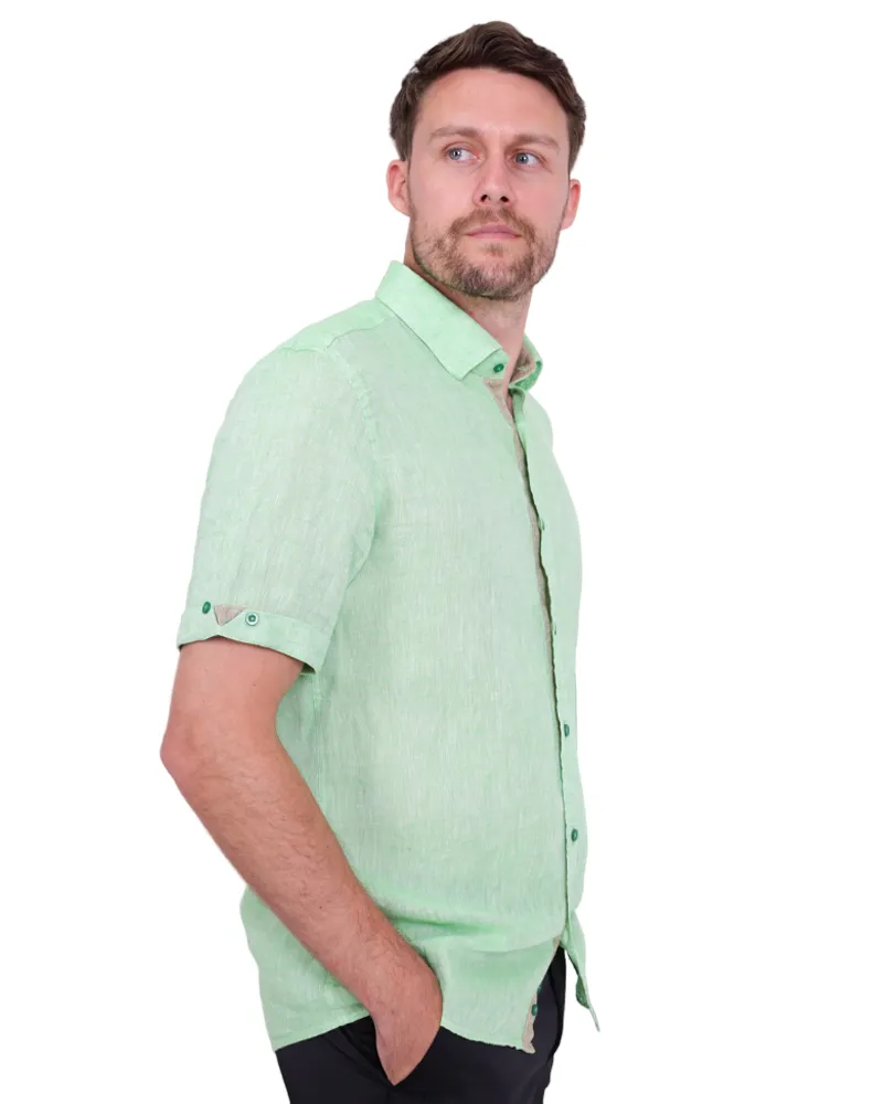 Green Plain Linen Short Sleeve Shirt