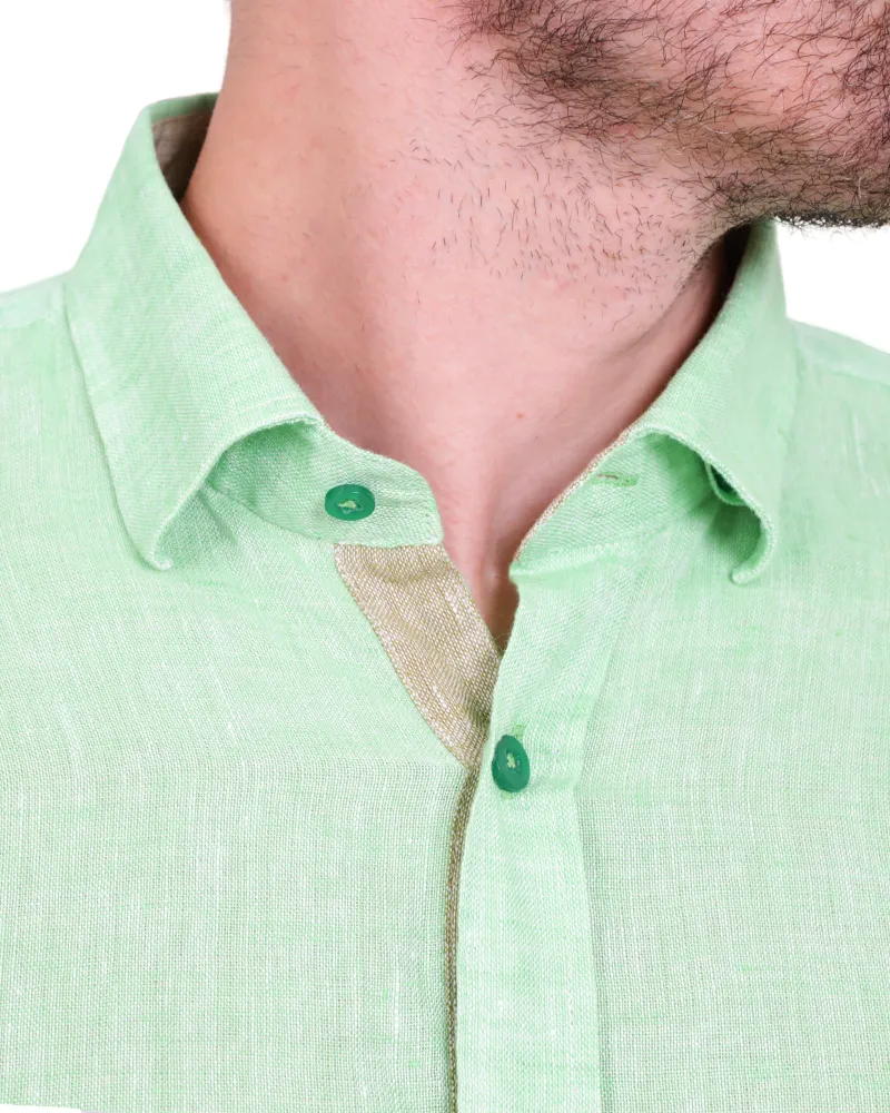 Green Plain Linen Short Sleeve Shirt