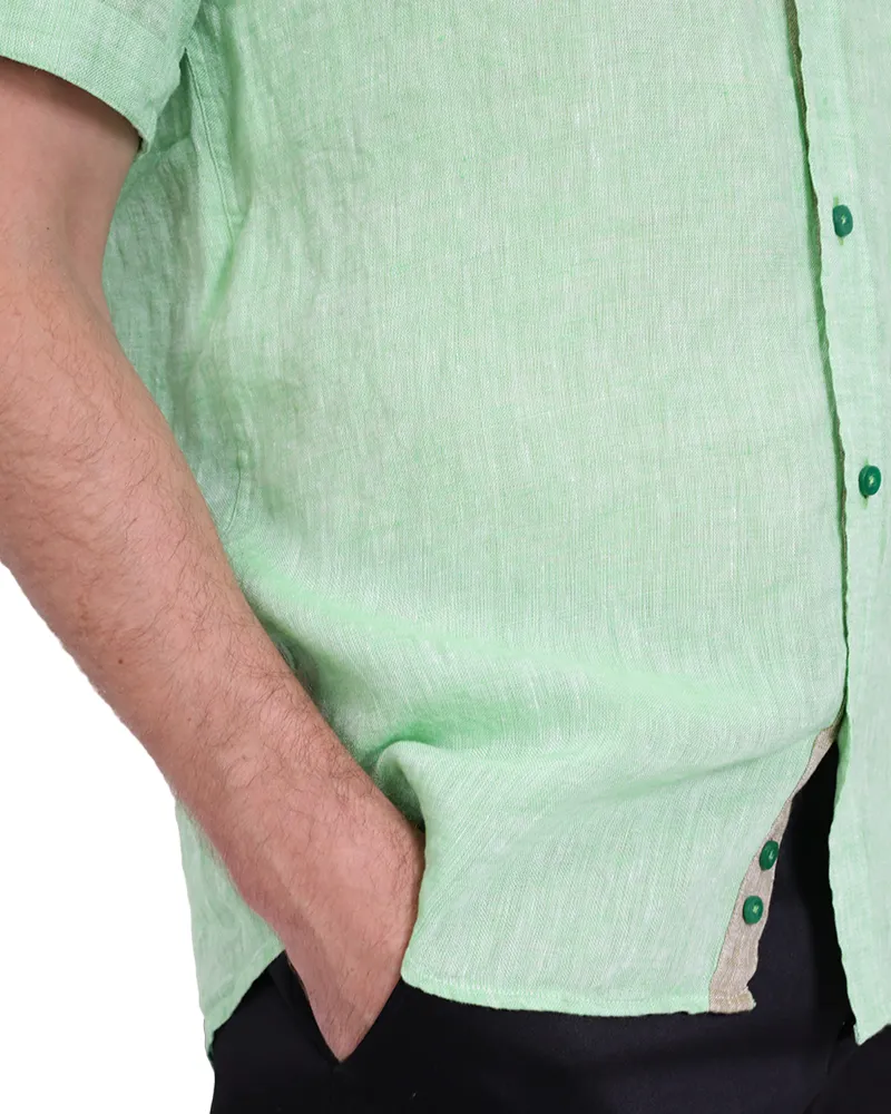 Green Plain Linen Short Sleeve Shirt