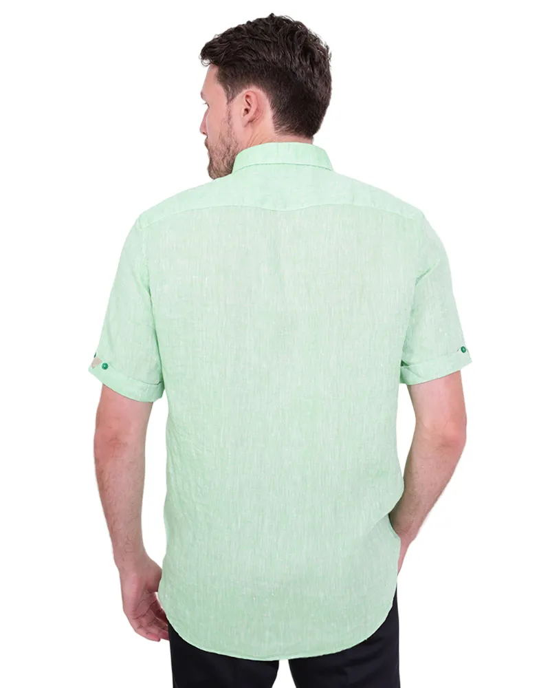 Green Plain Linen Short Sleeve Shirt