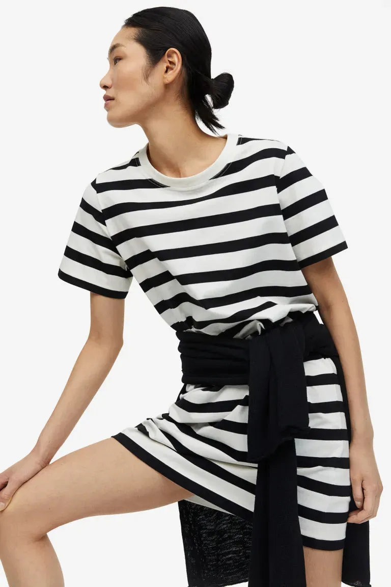 H&M Cotton T-shirt Dress, White/Black Striped