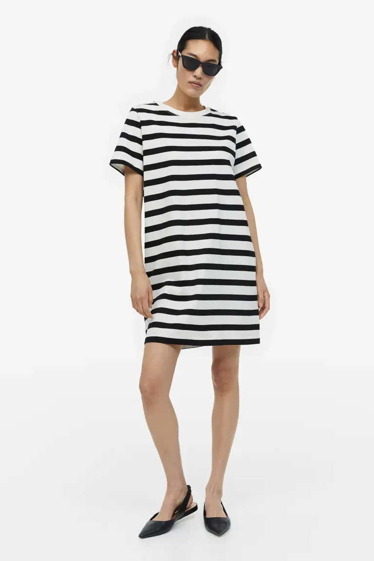 H&M Cotton T-shirt Dress, White/Black Striped