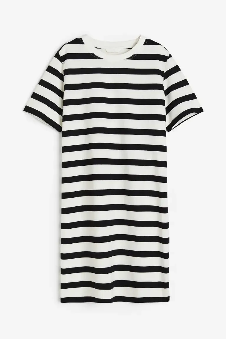 H&M Cotton T-shirt Dress, White/Black Striped