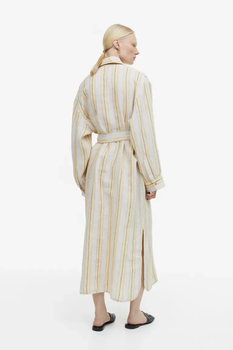 H&M Linen Shirtdress, Pale Yellow/Striped