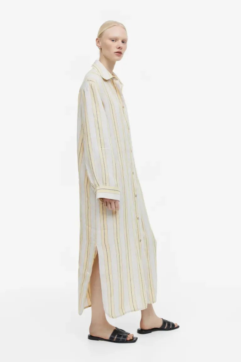 H&M Linen Shirtdress, Pale Yellow/Striped