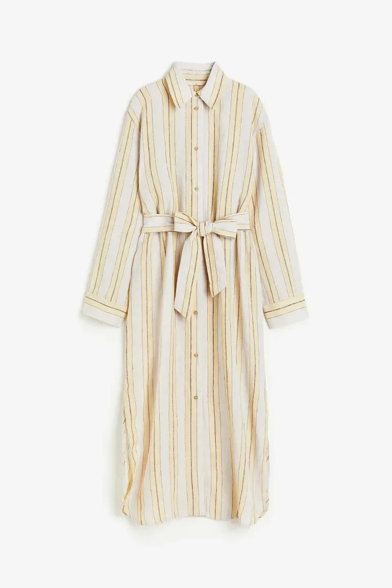 H&M Linen Shirtdress, Pale Yellow/Striped