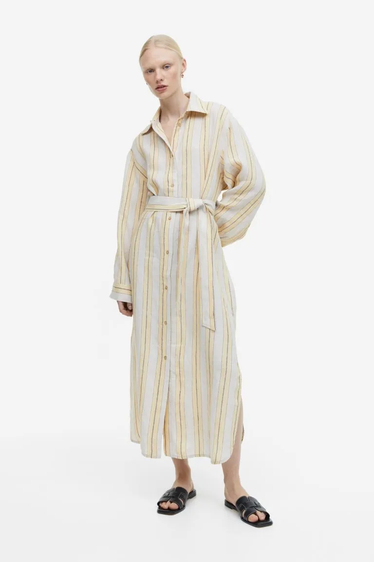 H&M Linen Shirtdress, Pale Yellow/Striped