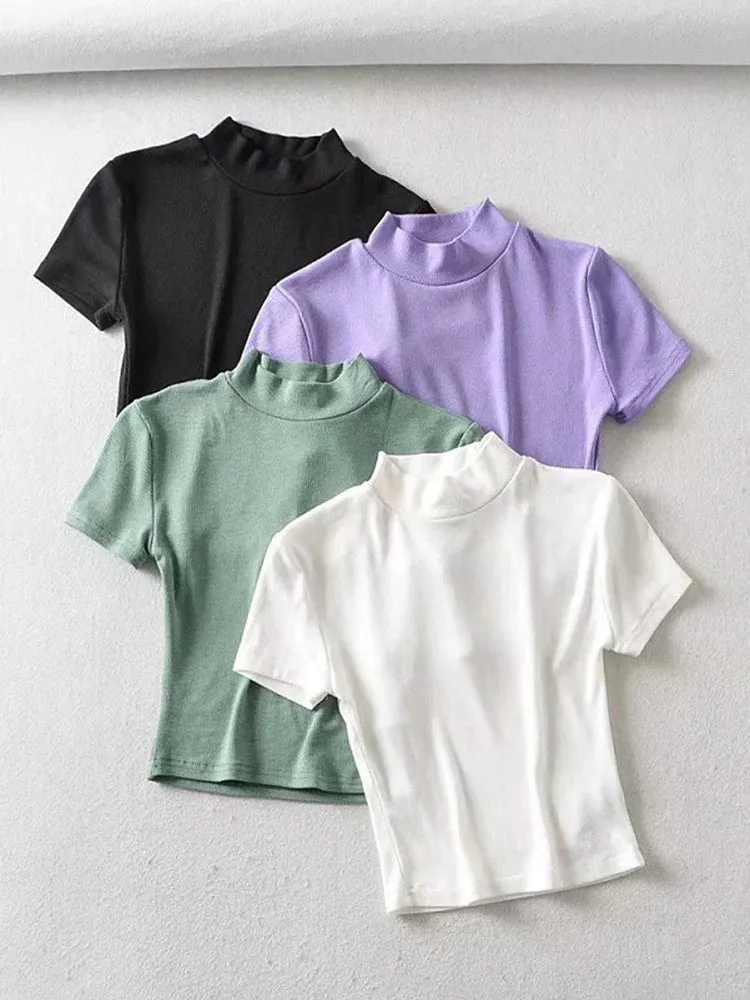 High Neck Fitted Short Sleeve Rib Crop Top