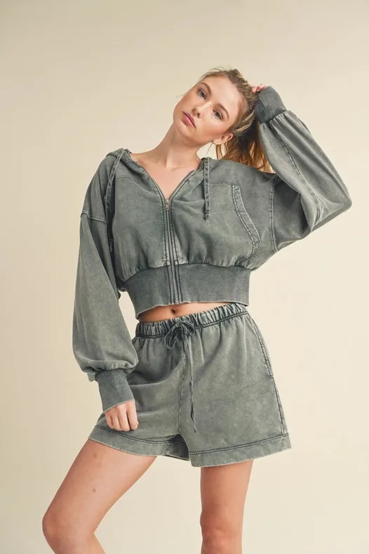 High Waisted Mineral Wash Shorts Sage