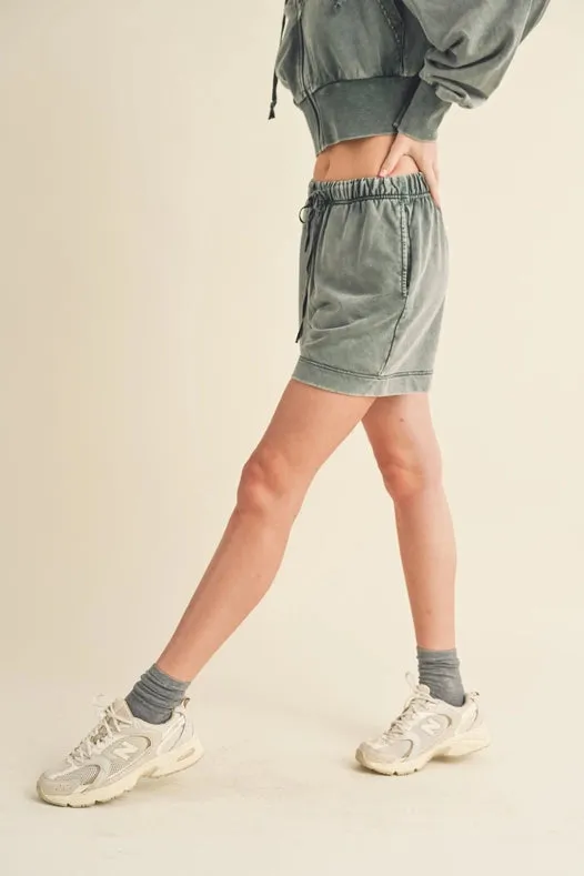 High Waisted Mineral Wash Shorts Sage