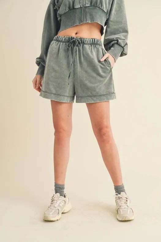 High Waisted Mineral Wash Shorts Sage