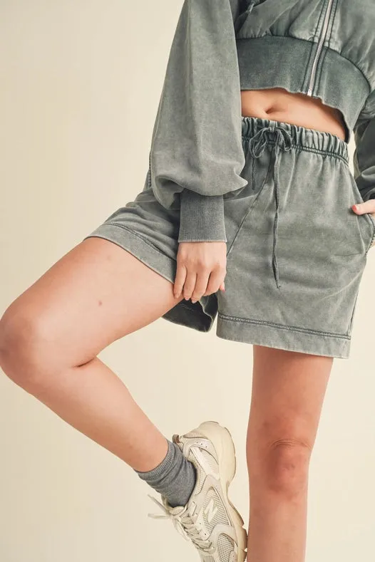 High Waisted Mineral Wash Shorts Sage