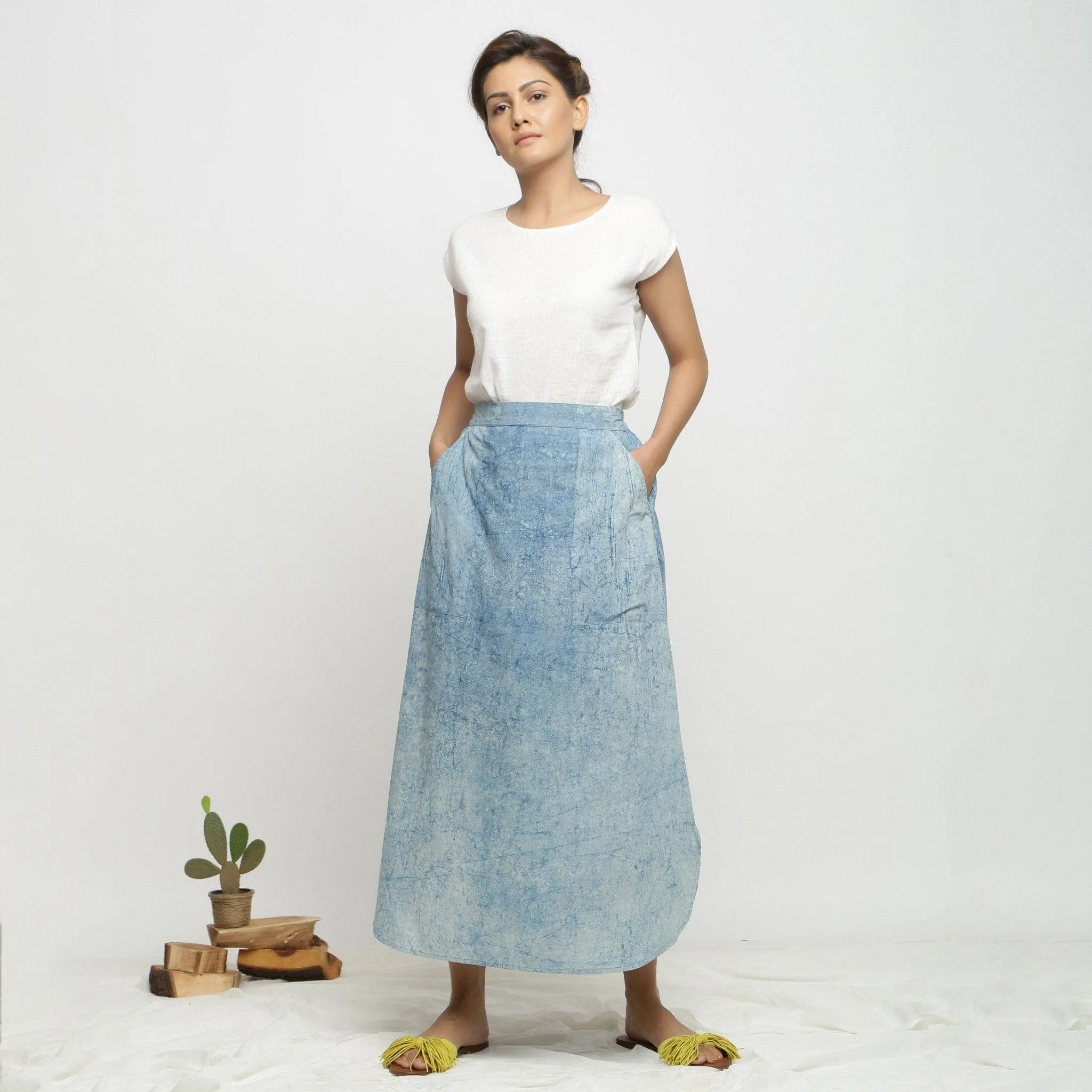 Indigo Dabu Print Cotton Elasticated A-Line Maxi Skirt