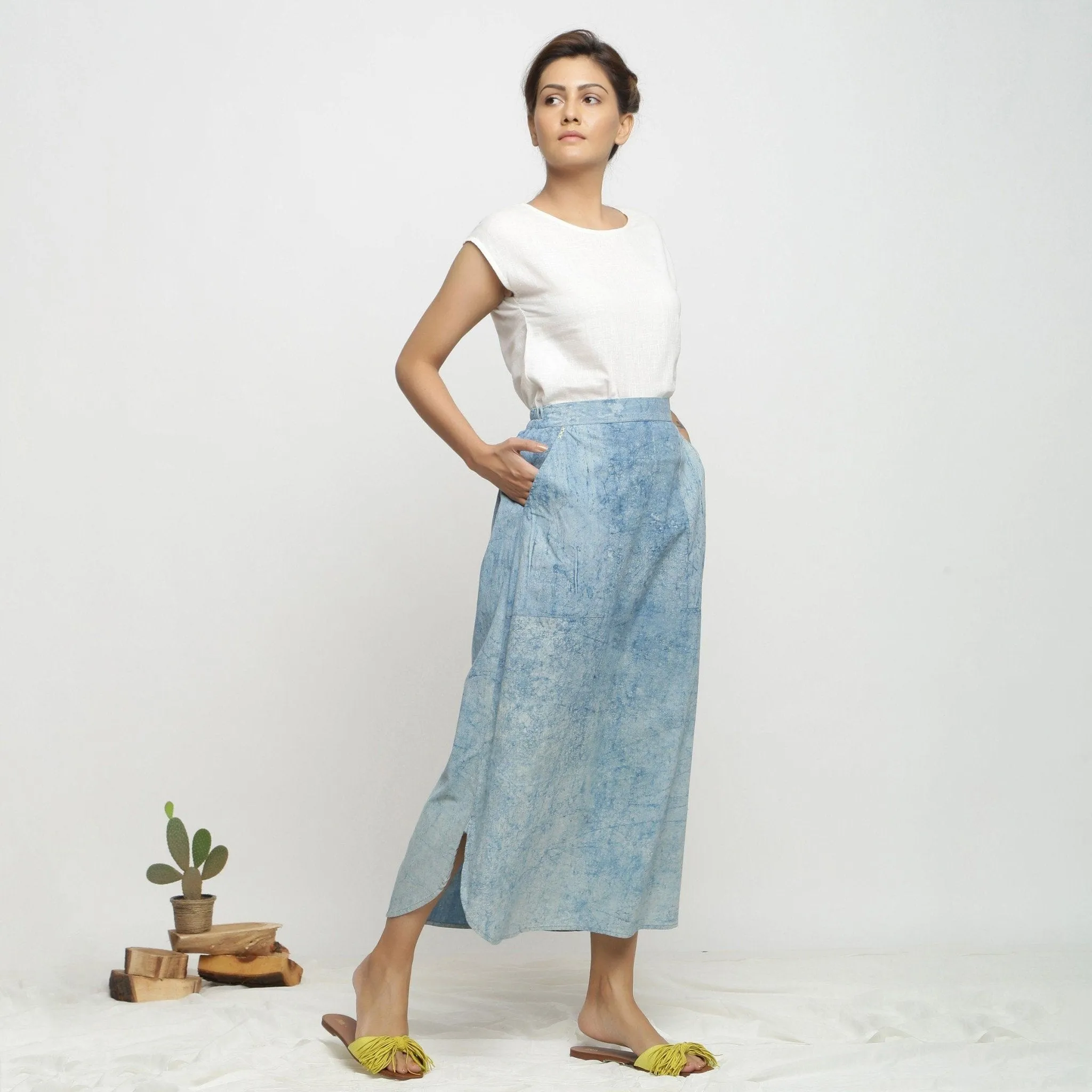 Indigo Dabu Print Cotton Elasticated A-Line Maxi Skirt