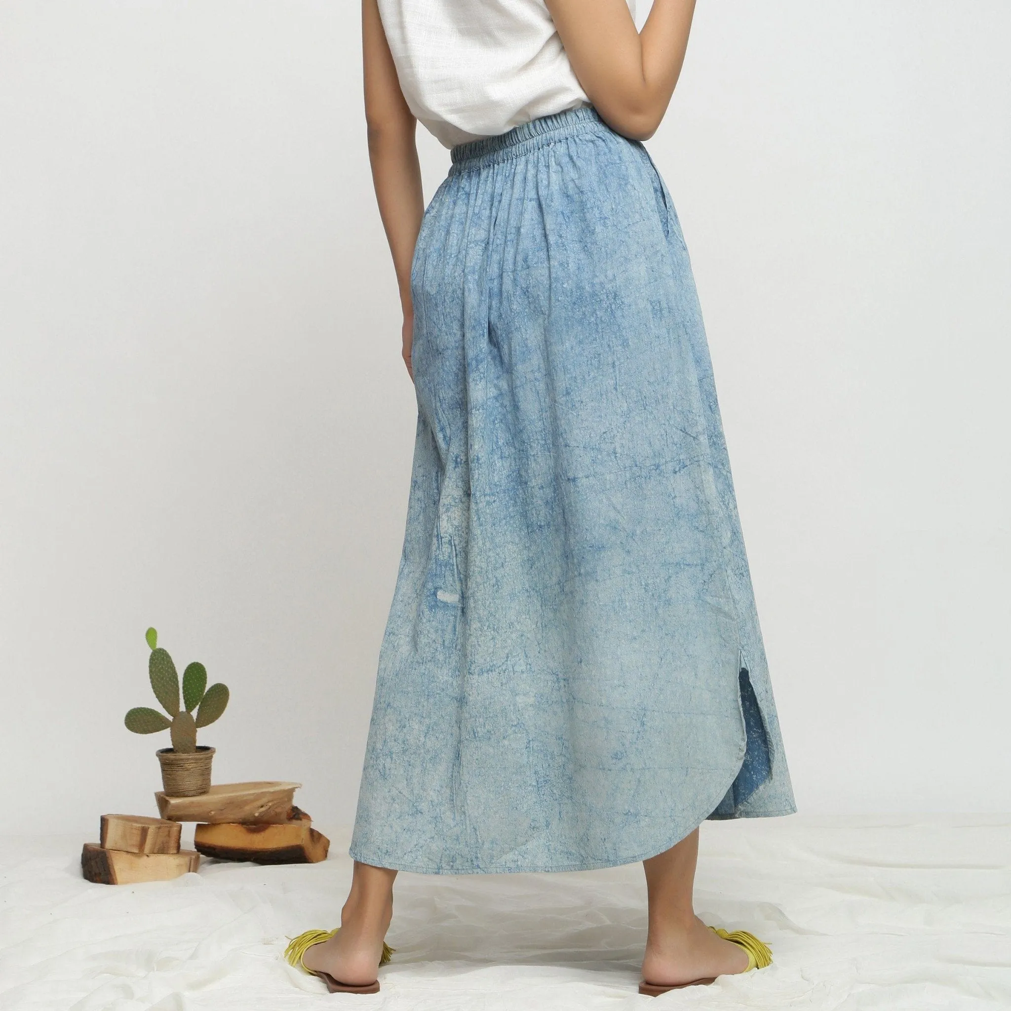 Indigo Dabu Print Cotton Elasticated A-Line Maxi Skirt