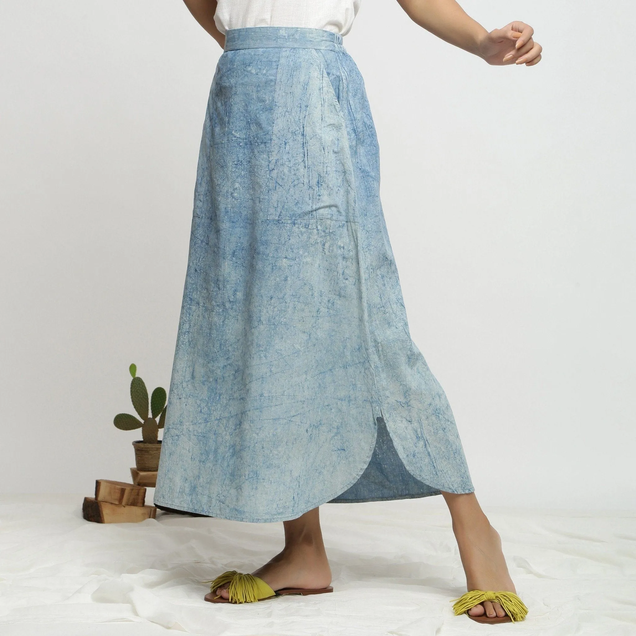 Indigo Dabu Print Cotton Elasticated A-Line Maxi Skirt