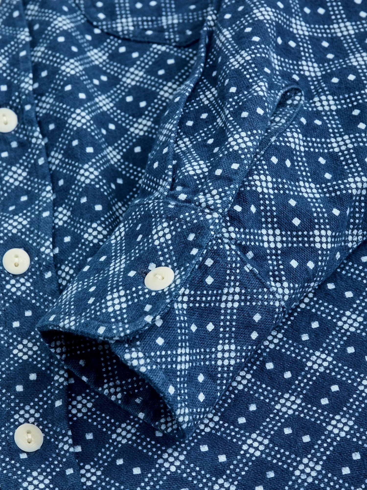 Indigo Discharge Diamond Flannel Shirt in Rinsed Indigo