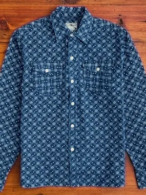 Indigo Discharge Diamond Flannel Shirt in Rinsed Indigo