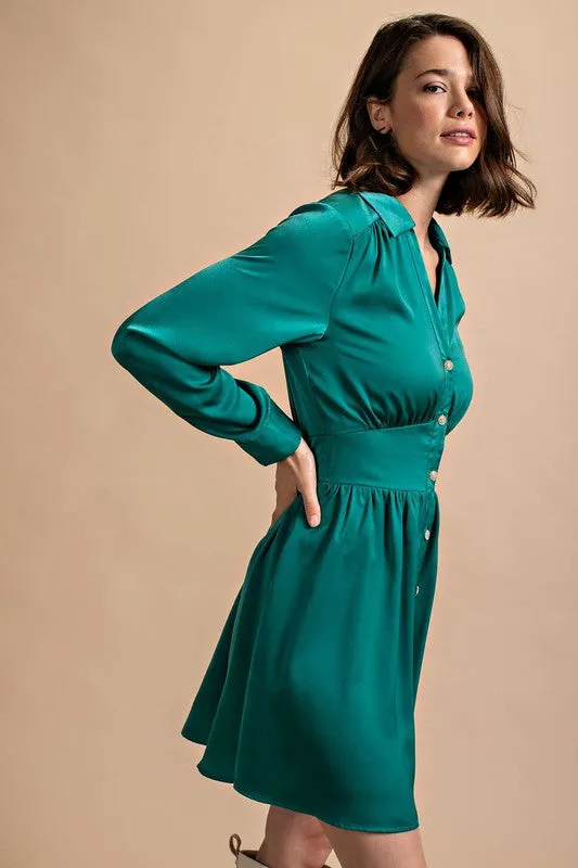 Jade Satin Button Down Shirt Dress With Jeweled Buttons