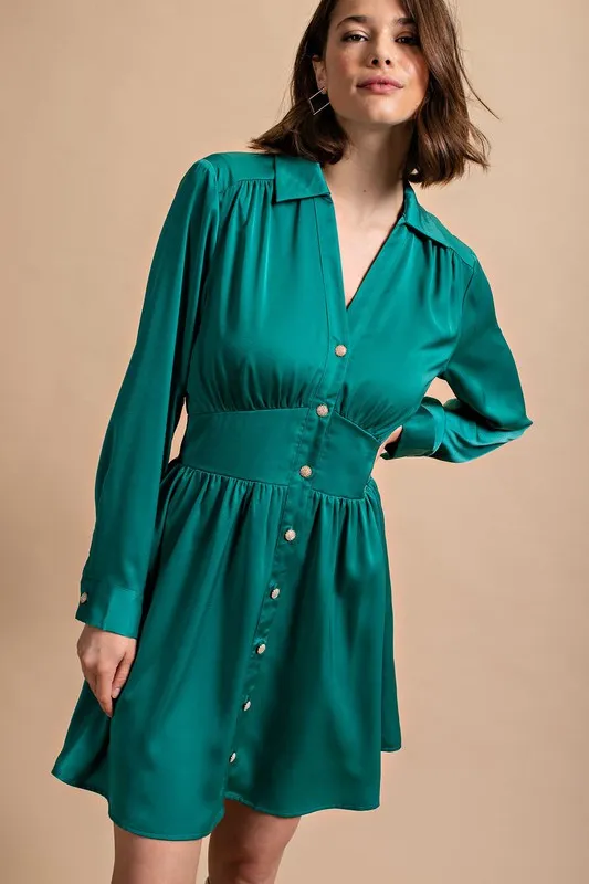 Jade Satin Button Down Shirt Dress With Jeweled Buttons