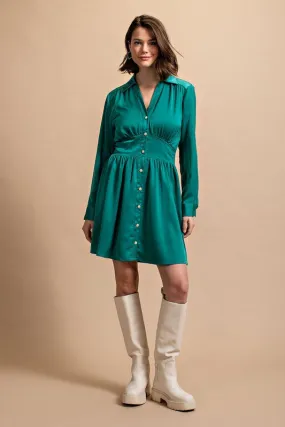 Jade Satin Button Down Shirt Dress With Jeweled Buttons