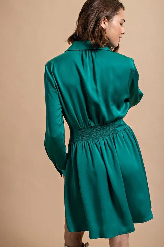 Jade Satin Button Down Shirt Dress With Jeweled Buttons