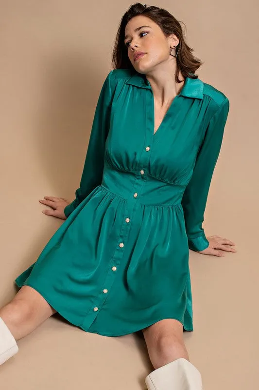 Jade Satin Button Down Shirt Dress With Jeweled Buttons