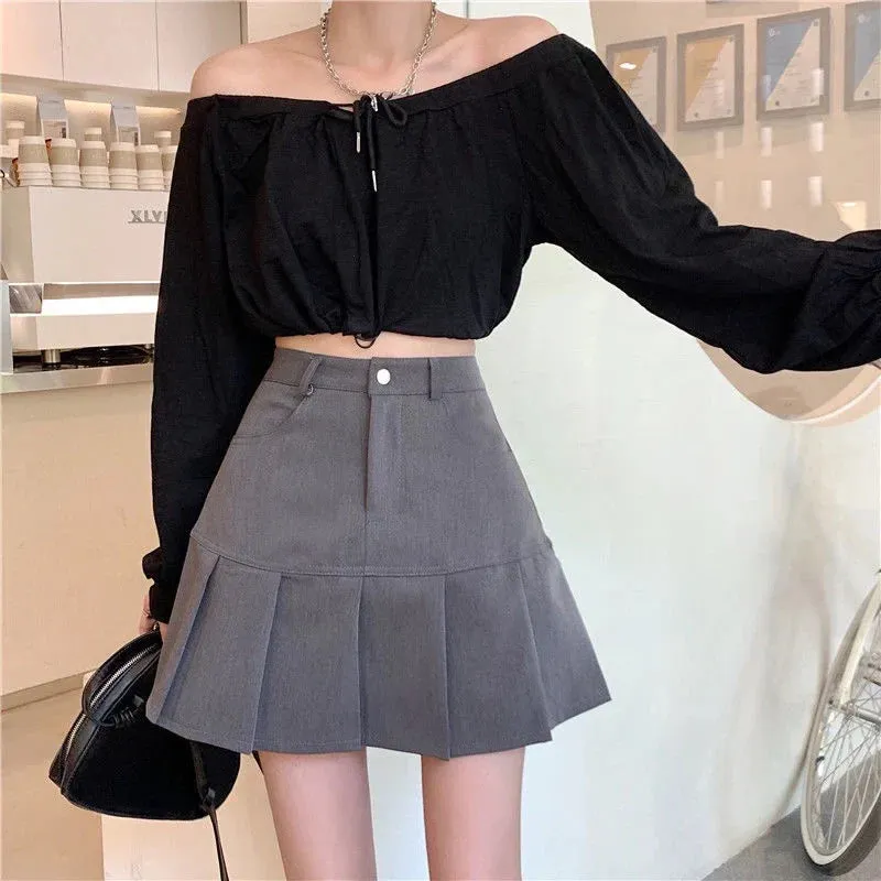 Korean Grey High Waist A-Line Short Skirt