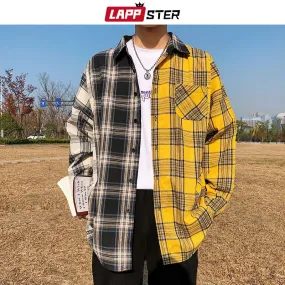 LAPPSTER Men Cotton Plaid Shirt Man Hip Hop Patchwork Button Up Long Sleeve