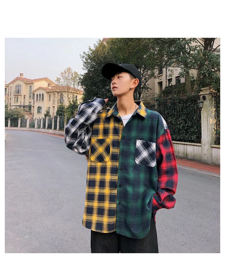 LAPPSTER Men Cotton Plaid Shirt Man Hip Hop Patchwork Button Up Long Sleeve