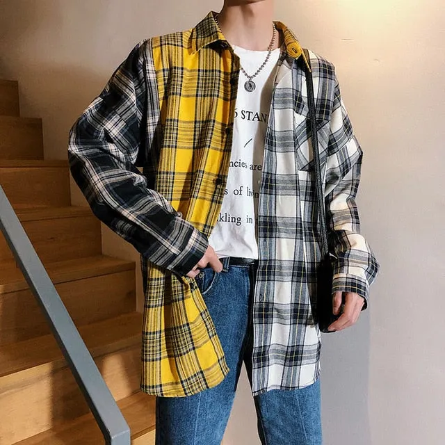 LAPPSTER Men Cotton Plaid Shirt Man Hip Hop Patchwork Button Up Long Sleeve