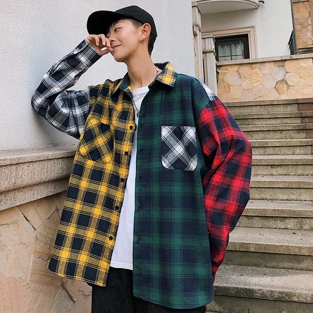 LAPPSTER Men Cotton Plaid Shirt Man Hip Hop Patchwork Button Up Long Sleeve