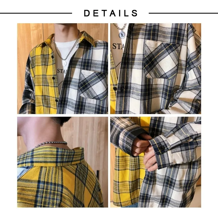 LAPPSTER Men Cotton Plaid Shirt Man Hip Hop Patchwork Button Up Long Sleeve