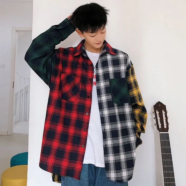 LAPPSTER Men Cotton Plaid Shirt Man Hip Hop Patchwork Button Up Long Sleeve