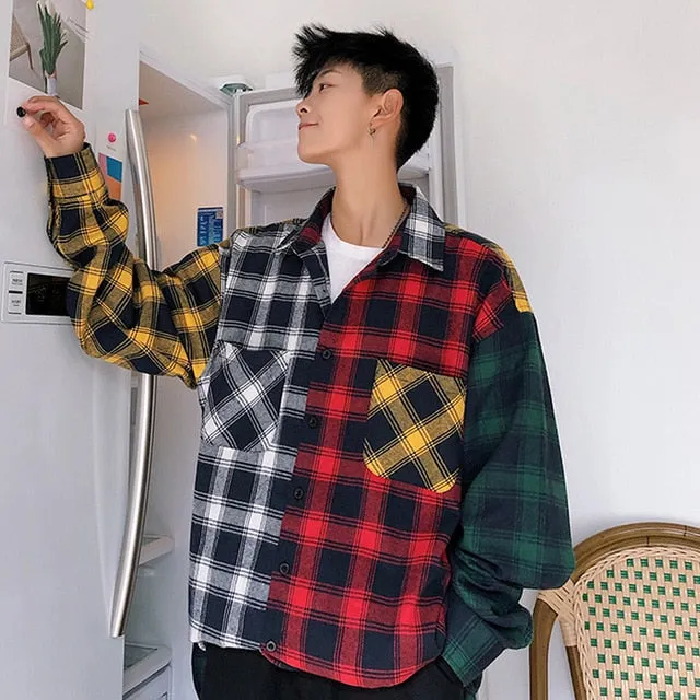 LAPPSTER Men Cotton Plaid Shirt Man Hip Hop Patchwork Button Up Long Sleeve