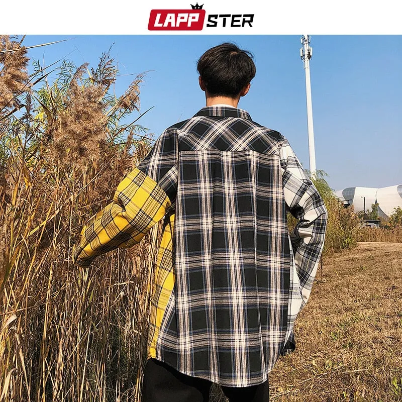 LAPPSTER Men Cotton Plaid Shirt Man Hip Hop Patchwork Button Up Long Sleeve