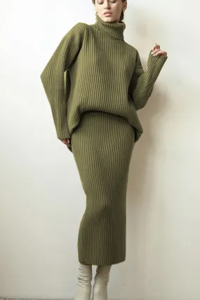 Luxury Winter Rib Knit Turtleneck Oversized Sweater Midi Two Piece Dress - Green