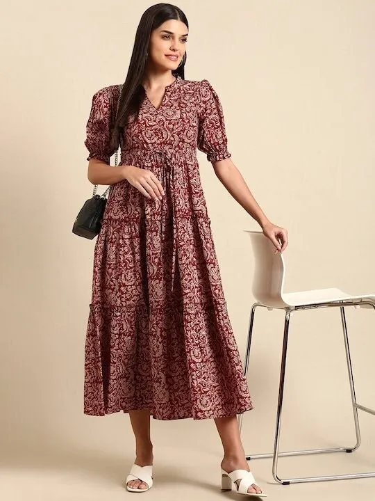 Maroon Floral Print Ethnic A-Line Pure Cotton Midi Dress