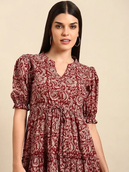 Maroon Floral Print Ethnic A-Line Pure Cotton Midi Dress